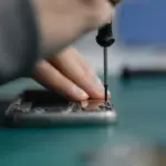 Nahaufnahme einer fachgerechten Smartphone-Reparatur mit einem Schraubendreher
