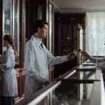 Apotheker übergibt einer Kundin ein verordnetes Medikament am Apothekentresen