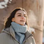 Frau mit Schal atmet an einem kalten Wintertag sichtbar warme Luft aus