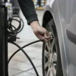 Eine Person setzt den Luftschlauch am Ventil eines Autoreifens an