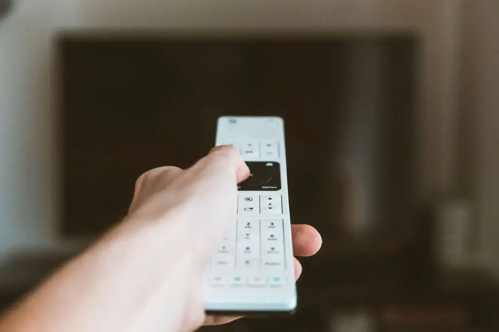 Hand mit Fernbedienung vor einem Fernseher als Symbol für vernetzte TV-Geräte
